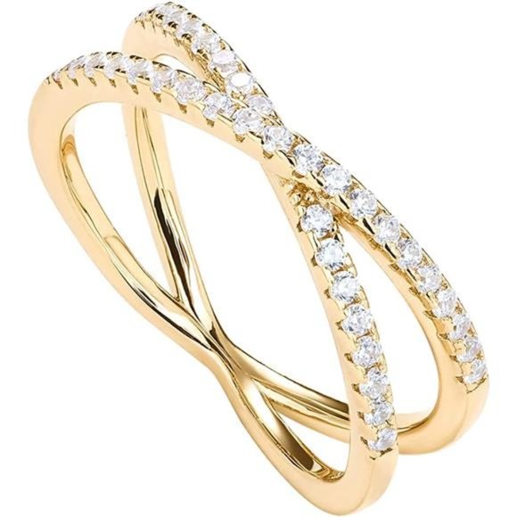 14K Gold Plated X Ring Simulated Diamond CZ Criss Cross Ring for Women - Picture 1 of 6